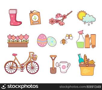 Set of colorful spring icons. Seasonal symbols in flat style. Garden, Flowers and other design elements, isolated on white background. Nature clip art.Vector illustration. Set of 11 flat colorful spring icons