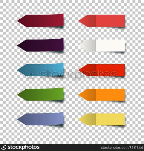 Set of colorful stickers. Collection oblong colorful arrow shaped sticker with peeling off edge realistic style for labeling information. Stickers notes isolated on transparent background. Vector illustration