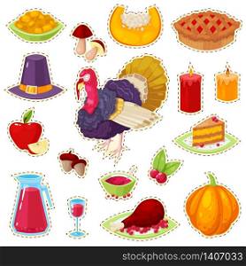 Set of colorful stickers for thanksgiving day on white background.Vector illustration.