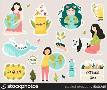 Set of colorful stickers with eco friendly slogans and illustrations. Composting, Trees planting, Eating local food, Bring your own bag concepts. Vector illustration. Set of colorful stickers with eco friendly slogans and illustrations.