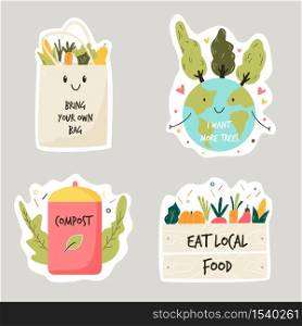 Set of colorful stickers with eco friendly slogans and illustrations. Composting, Trees planting, Eating local food, Bring your own bag concepts. Vector illustration. Set of colorful stickers with eco friendly slogans and illustrations.
