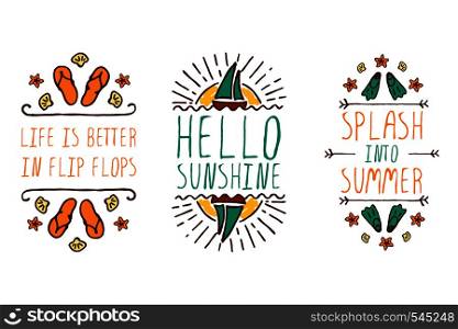 Set of colorful summer hand-sketched elements with sun, sail boats, shells and flippers on white background. Set of summer hand-sketched elements