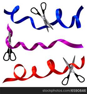 Set of colorful swirling ribbons with metal scissors as symbol of public ceremony of grand opening inauguration event realistic vector illustration . Ribbons With Scissors Realistic Set