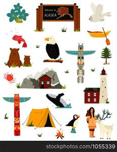 Set of colorful symbols, landmarks, animals of Alaska. Perfect for advertising, tourist guides travel blogs books, atlases. Set of Alaska colorful symbols, landmarks, animals