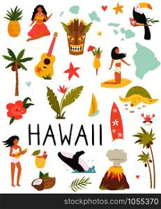 Set of colorful symbols, landmarks, animals of Hawaii. Perfect for advertising, tourist guides travel blogs books, atlases. Set of colorful symbols, landmarks of Hawaii.