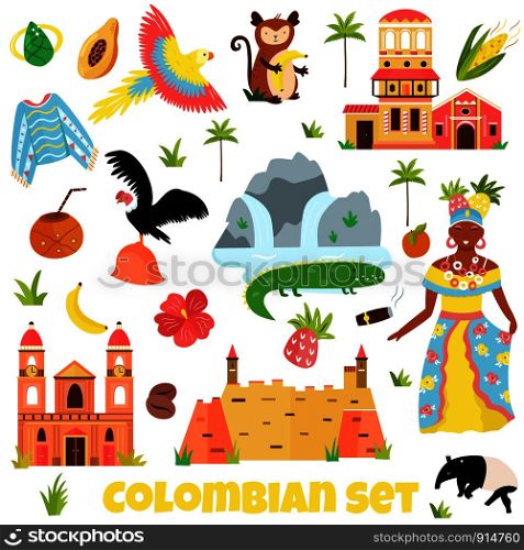 Set of colorful symbols, landmarks of Colombia. Perfect for advertising, tourist guides travel blogs books, atlases. Set of colorful symbols, landmarks of Colombia