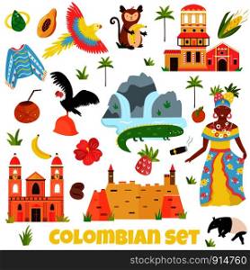 Set of colorful symbols, landmarks of Colombia. Perfect for advertising, tourist guides travel blogs books, atlases. Set of colorful symbols, landmarks of Colombia