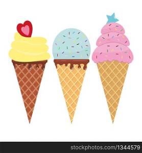 Set of colorful tasty isolated ice cream cones. Cute cartoons isolated on white background. Cold dessert and sweet summer snack. Funny whipped ice cream for refreshment. Concept kids food. Vector. Set of colorful tasty isolated ice cream cones. Cute cartoons isolated on white background. Cold dessert and sweet summer snack. Funny whipped ice cream for refreshment. Concept kids food. Vector.