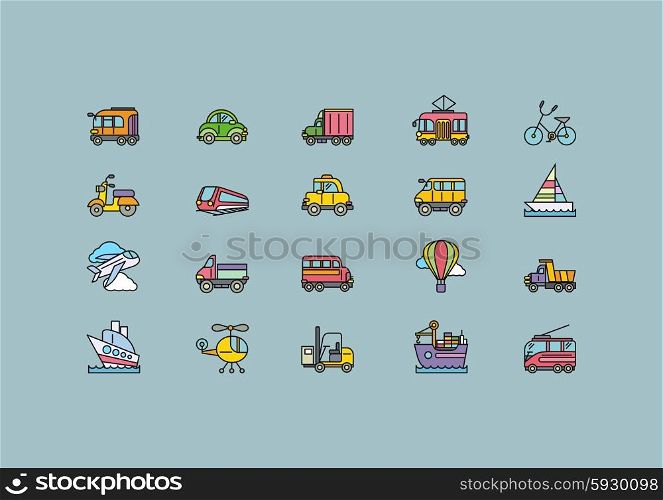Set of colorful transport thin, lines, outline, strokes icons. Different kinds of transport airplane, bicycle, train, automobile, balloon, ship, sailboat on grey background. For web and mobile applications