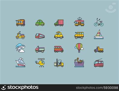 Set of colorful transport thin, lines, outline, strokes icons. Different kinds of transport airplane, bicycle, train, automobile, balloon, ship, sailboat on grey background. For web and mobile applications