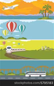 Set of Colorful Travel Banners with Flat Design. Flying airplane, Train, Bus, Hot Air Balloon. Transportation.