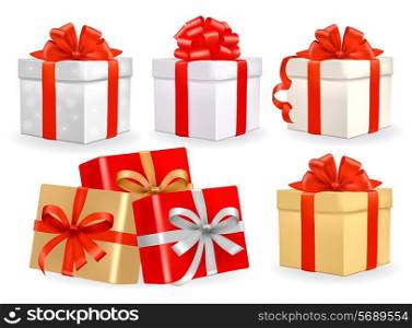Set of colorful vector gift boxes with bows and ribbons