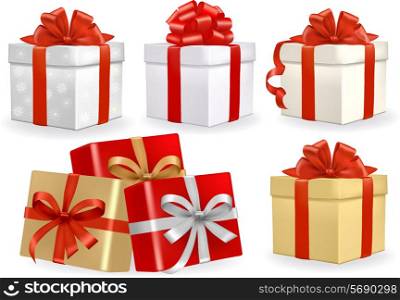 Set of colorful vector gift boxes with bows and ribbons