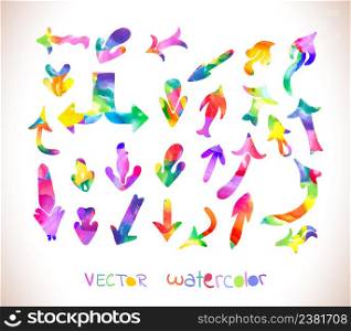 Set of colorful watercolor arrows isolated on white background.. Hand drawn arrow icons set. Rainbow colors collection