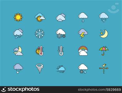 Set of colorful weather thin, lines, outline, strokes icons. Symbols weather snow, rainbow, rain, heat, sunny, cloudy, wind on dark-blue background. For web and mobile applications