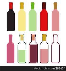 Set of colorful wine bottles on white, stock vector illustration