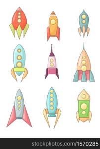 Set of coloring childish spacecraft icons. Linear drawing of shuttles. Different types of rocket. Vector starships for logos and your design.. Set of coloring childish spacecraft icons. Linear drawing of shuttles. Different types of rocket. Vector starships