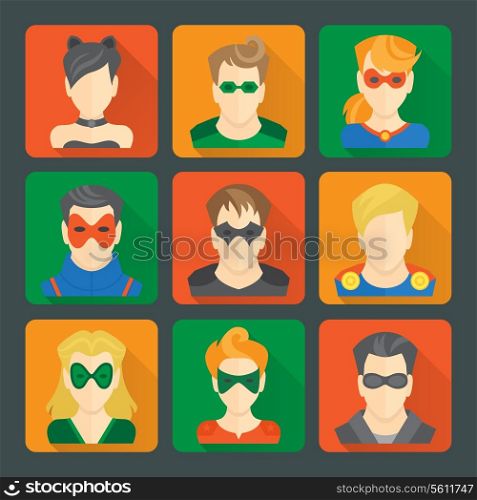 Set of comic character superheroes avatar icons in flat style with long shadows on squares vector illustration