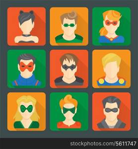 Set of comic character superheroes avatar icons in flat style with long shadows on squares vector illustration