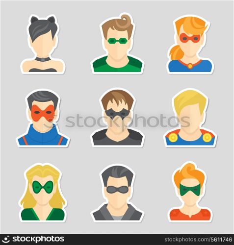 Set of comic character superheroes avatar icons in sticker style vector illustration