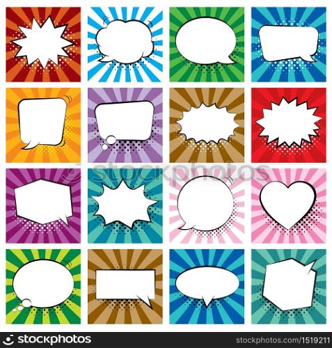 Set of comic speech bubbles on colorful background and halftone shadows.