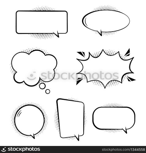 Set of comic speech bubbles. Retro empty bubbles with black halftone shadows on transparent background. Effects in pop art style. White set bubbles for talk and message. Isolated fun balloons. Vector.