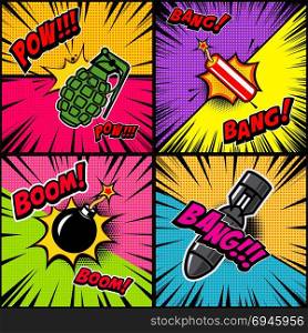 Set of comic style bomb explosion. Design element for poster, flyer, card, banner. Vector illustration