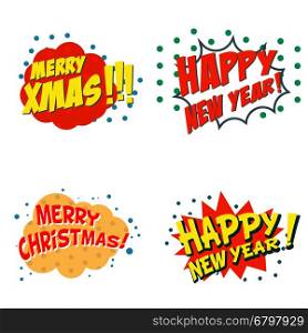 Set of comic style phrases for xmas. Cartoon style text. Happy New Year. Merry Christmas. Vector illustration.