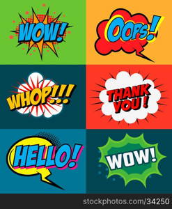 Set of comic style phrases on colorful background. Pop art style phrases set. Wow! Oops! Whop! Design element for poster, flyer. Vector design element.