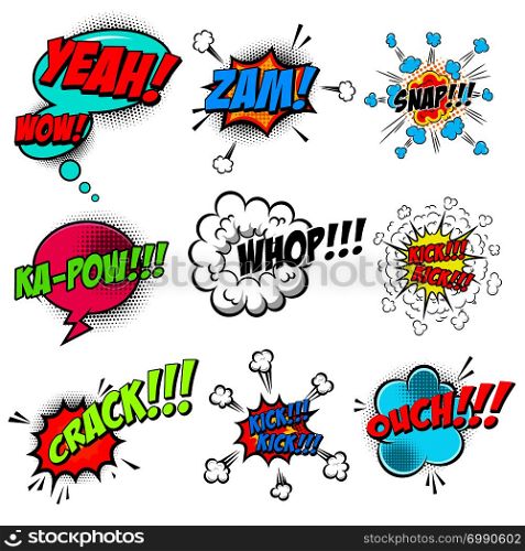 set of comic style speech bubbles with sound text effects. Design element for poster, card, banner, flyer. Vector illustration