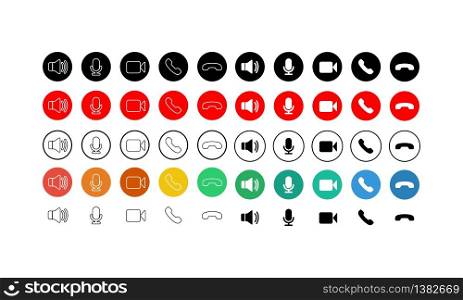 Set of communication icons button. Phone, sound, microphone, camera, call symbols on isolated white background for applications, web, app. EPS 10 vector. Set of communication icons button. Phone, sound, microphone, camera, call symbols on isolated white background for applications, web, app. EPS 10 vector.