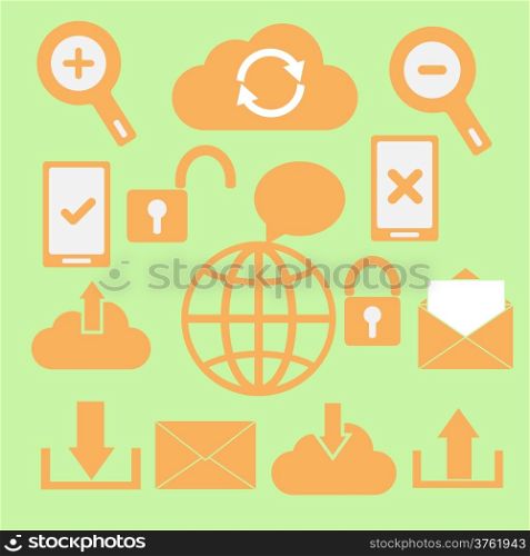 Set of communication icons on green background, stock vector