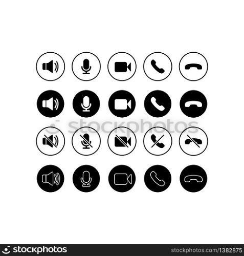 Set of communication icons. Phone, sound, microphone, camera, call symbols on isolated white background for applications, web, app. EPS 10 vector.. Set of communication icons. Phone, sound, microphone, camera, call symbols on isolated white background for applications, web, app. EPS 10 vector
