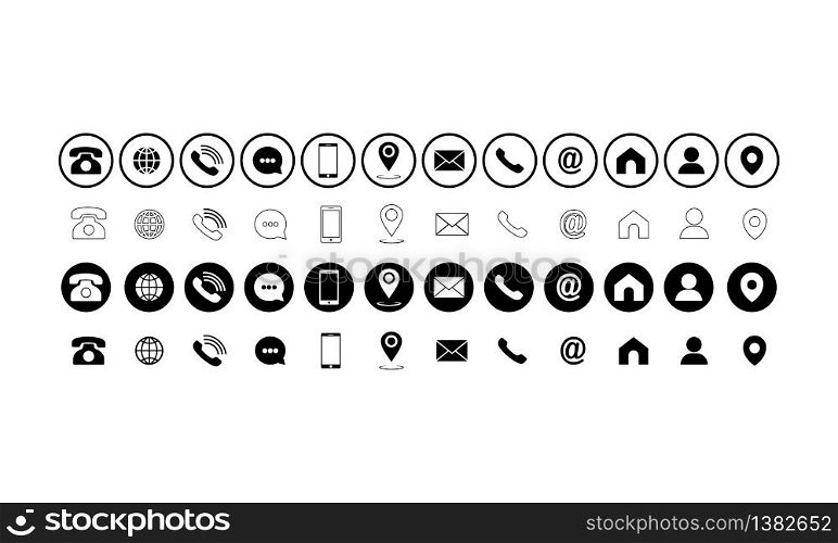 Set of communication icons set. Phone, mobile phone, retro phone, location, mail and web site symbols on isolated white background for applications, web, app. EPS 10 vector. Set of communication icons set. Phone, mobile phone, retro phone, location, mail and web site symbols on isolated white background for applications, web, app. EPS 10 vector.