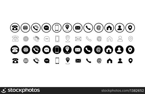 Set of communication icons set. Phone, mobile phone, retro phone, location, mail and web site symbols on isolated white background for applications, web, app. EPS 10 vector. Set of communication icons set. Phone, mobile phone, retro phone, location, mail and web site symbols on isolated white background for applications, web, app. EPS 10 vector.