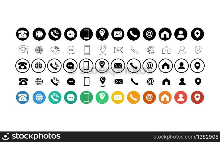 Set of communication icons set. Phone, mobile phone, retro phone, location, mail and web site symbols on isolated white background for applications, web, app. EPS 10 vector.. Set of communication icons set. Phone, mobile phone, retro phone, location, mail and web site symbols on isolated white background for applications, web, app. EPS 10 vector