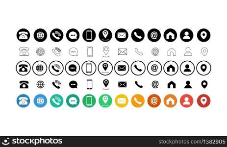 Set of communication icons set. Phone, mobile phone, retro phone, location, mail and web site symbols on isolated white background for applications, web, app. EPS 10 vector.. Set of communication icons set. Phone, mobile phone, retro phone, location, mail and web site symbols on isolated white background for applications, web, app. EPS 10 vector