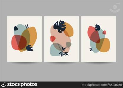 Set of compositions with leaves. Trendy collage for design in an ecological style. Vector illustrations for postcard or brochure design. Flat.