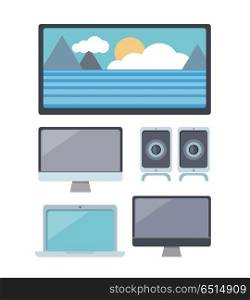 Set of Computer and Multimedia Devices. Set of computer monitor, laptop, audio speaker, LCD TV monitor. Multimedia entertainment. Computer devices. Multimedia set for home. Isolated object on white background. Flat vector illustration