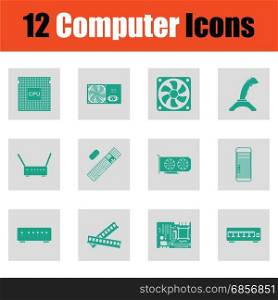 Set of computer icons. Green on gray design. Vector illustration.