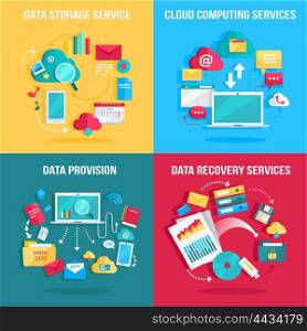 Set of concept flat designs illustrations for data storage, cloud computing, data provision, data recovery services. Numerous colored web icons, business stuff, computer parts, infographic elements.
