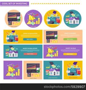 Set of concept investment gold education property shares. Real estate, finance and bills, investing house, growth fund and profit, cash money, financial saving illustration