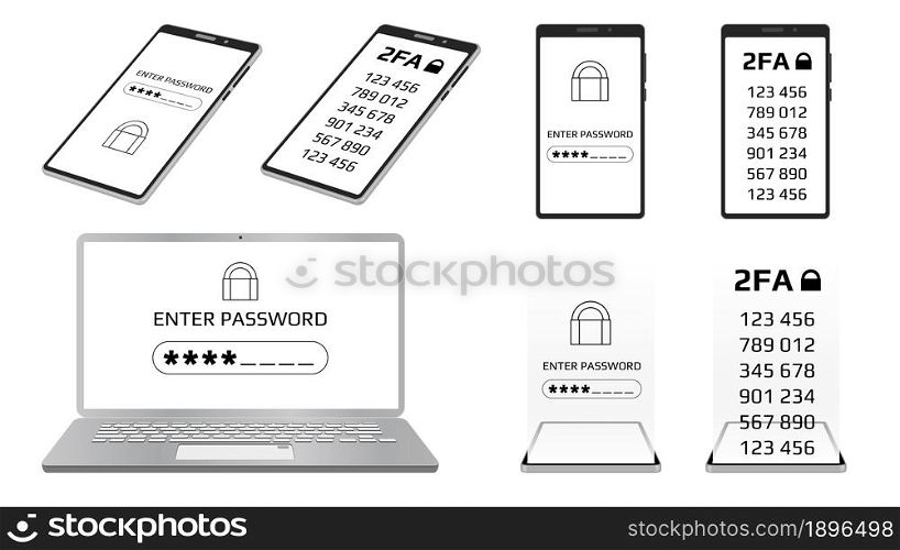 Set of concept of 2FA two-factor authentication and Enter password concept on laptop and smartphone screen. Protecting your money with codes on a smartphone. Vector illustration.