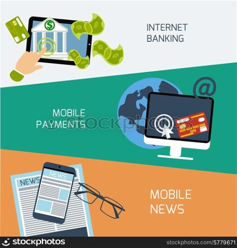 Set of concepts for mobile news, mobile payments and internet banking in flat design