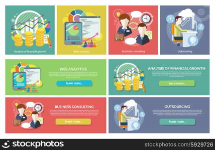 Set of concepts Web Analytics Consulting Outsourcing. Financial growth, consulting and analysis, development finance, statistic and research, optimization business work illustration