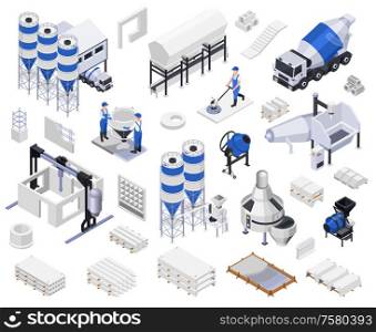Set of concrete cement production isometric icons with vehicles people and industrial machines on blank background vector illustration