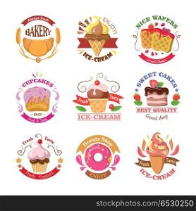 Set of Confectionery Logos Isolated. Vector Sweets. Set of confectionery logos isolated. Always fresh bakery. Enjoy ice cream. Nice wafers good choice. Cupcakes shop fresh and tasty. Ice cream. Sweet best quality cakes. Donuts shop. Vector illustration