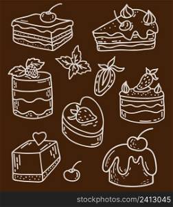 set of confectionery. Sweet, pieces of cake and cakes with berries and fruits. Vector illustration. Isolated linear hand drawings in doodle style with white chalk on dark background
