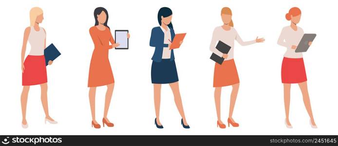 Set of confident ladies holding presentations. Flat cartoon female managers with tablets and clipboards. Vector illustration can be used for sales occupation, introduction, trade representatives. Set of confident ladies holding presentations