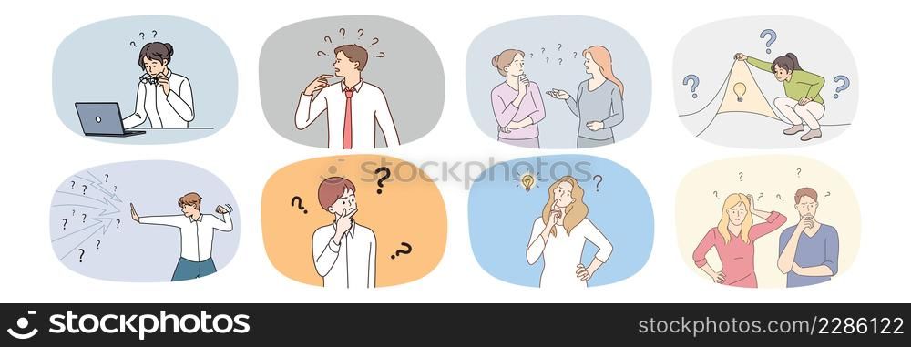 Set of confused diverse people with question mark wonder about problem solution. Collection of persons frustrated about issue solving look for answer. Dilemma concept. Vector illustration. . Set of confused people wonder of problem solution